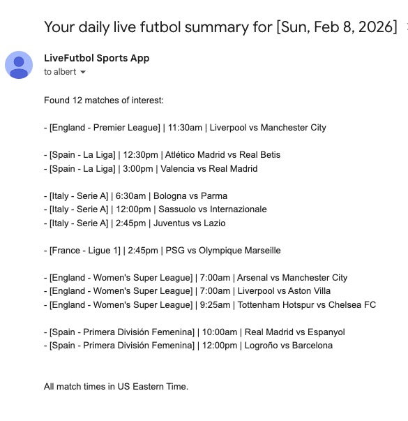 Screenshot of a sample daily live futbol schedule email