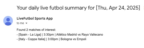 Screenshot of a sample daily live futbol schedule email