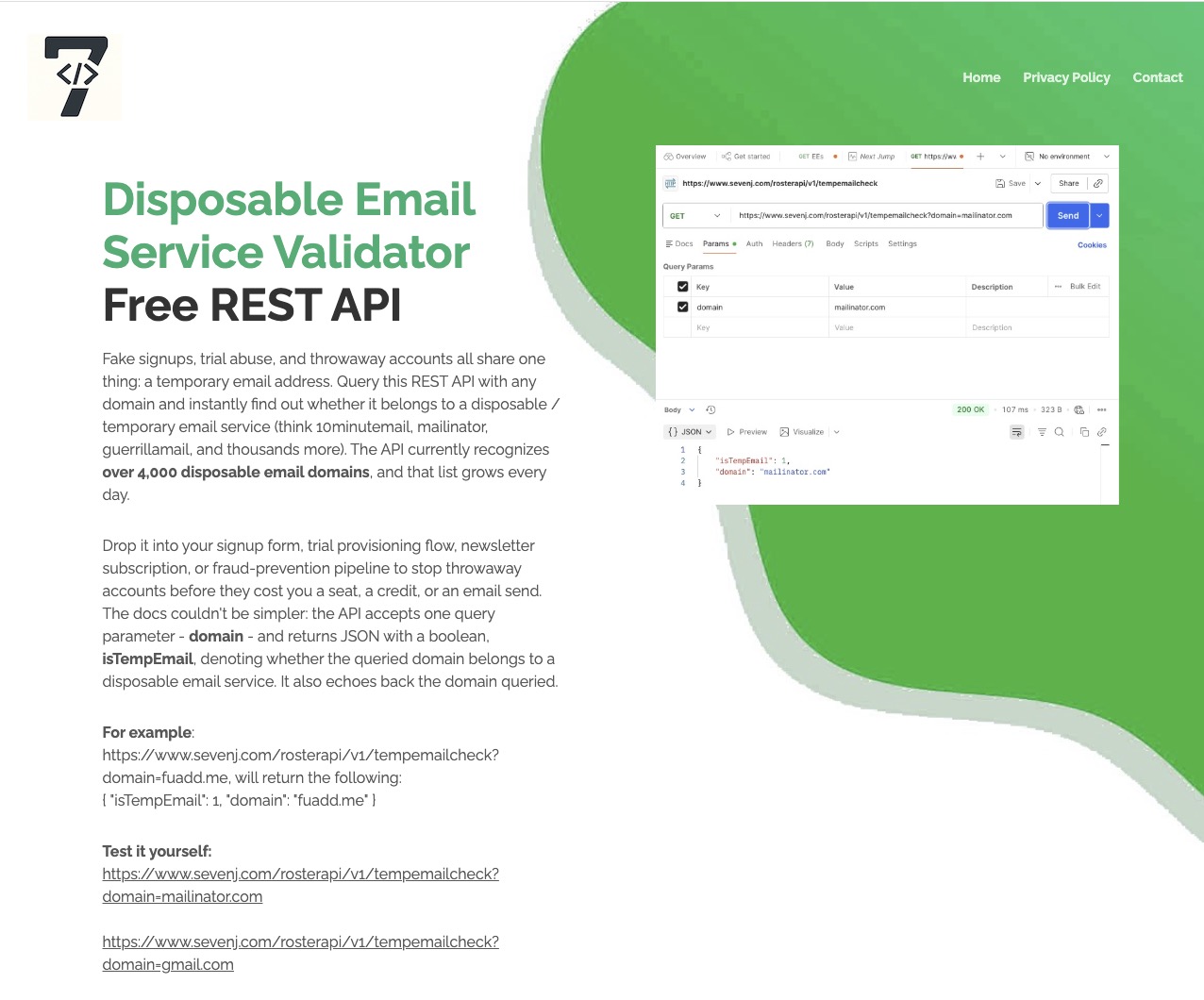 Disposable email service validator API screenshot