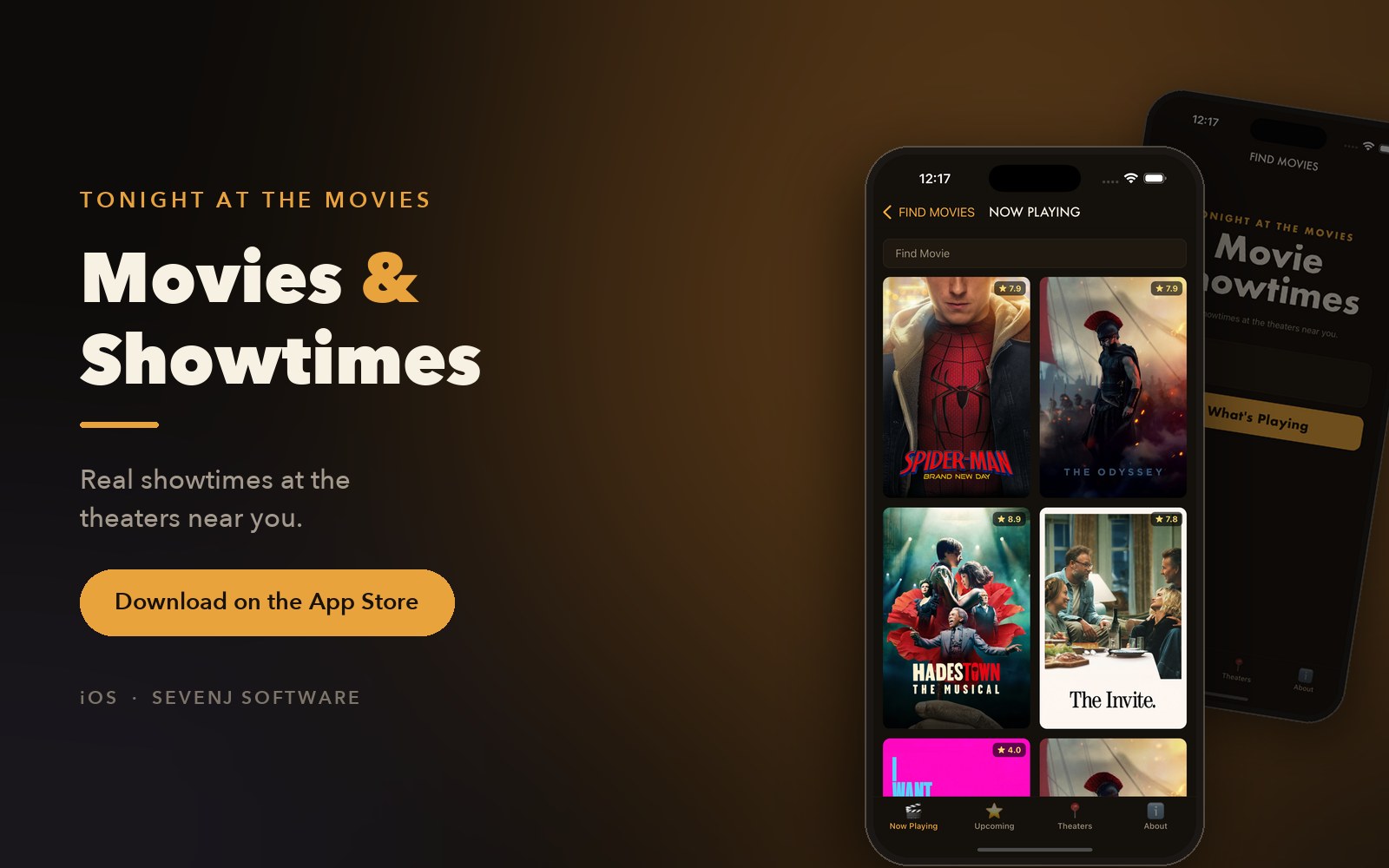 Movies & Showtimes iOS app showing films now playing and real showtimes at nearby theaters