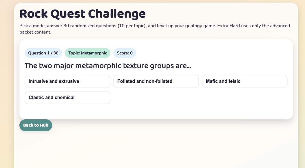 Rock Quest Challenge and Rock's Study Hub learning software interface
