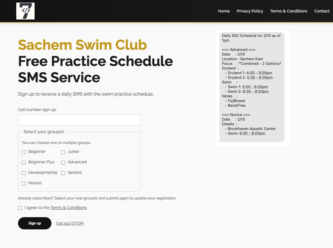 Sachem Swim Club SMS signup and daily schedule service screenshot