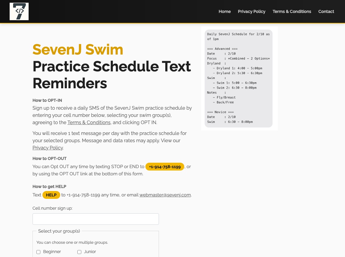 SevenJ Swim SMS signup and daily schedule service screenshot