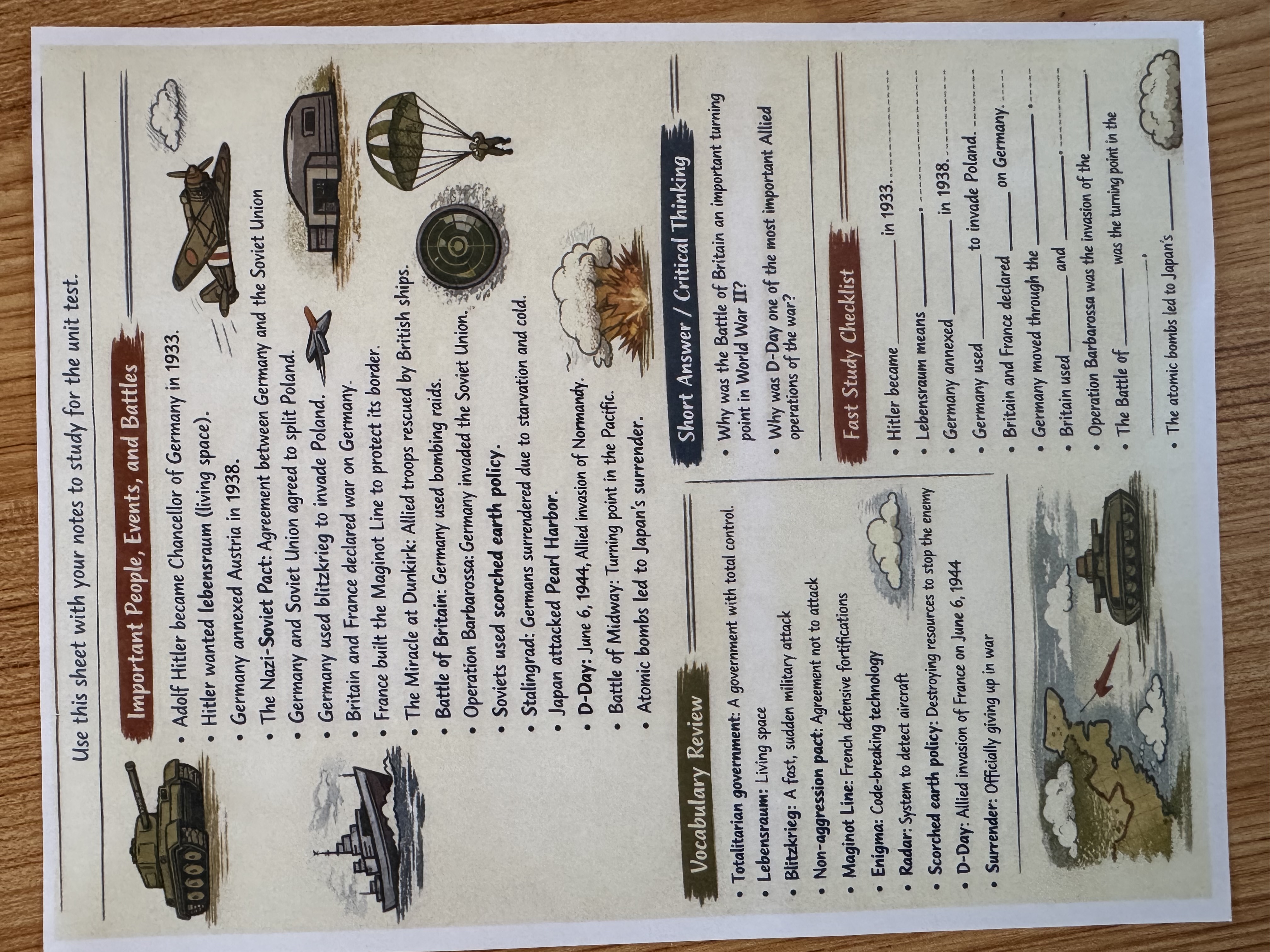 WWII study sheet uploaded by the user